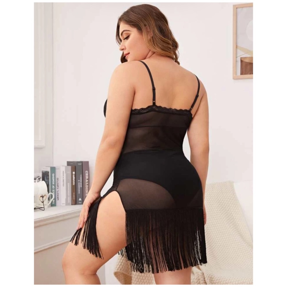 PLUS CONTRAST LACE TASSEL HEM MESH SLIP - Picture 3 of 4